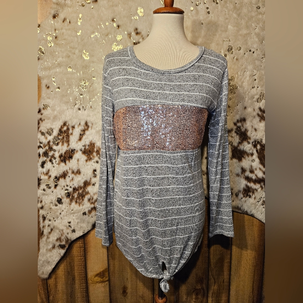 Gray/white Stripes With Sequin Women's Top